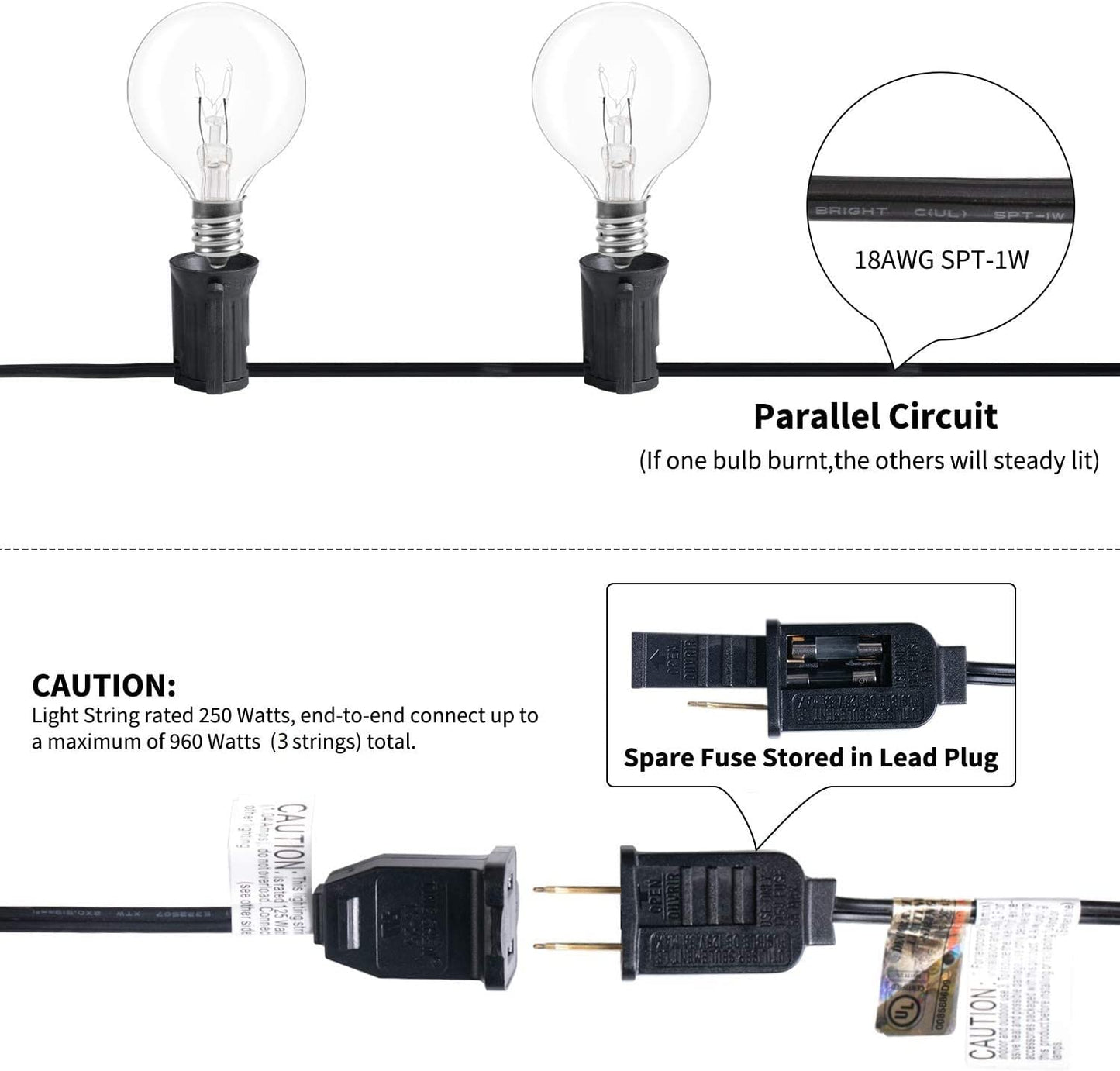 Outdoor String Light 50Feet G40 Globe Patio Lights with 52 Edison Glass Bulbs(2 Spare), Waterproof Connectable Hanging Light for Backyard Porch Balcony Party Decor, E12 Socket Base, Black