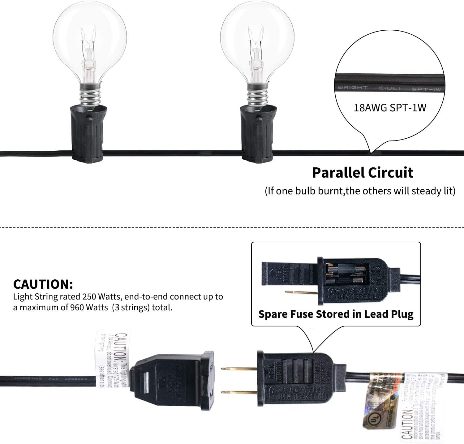 Outdoor String Light 50Feet G40 Globe Patio Lights with 52 Edison Glass Bulbs(2 Spare), Waterproof Connectable Hanging Light for Backyard Porch Balcony Party Decor, E12 Socket Base, Black