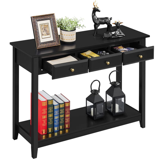 3-Drawer Wooden Console Table Entryway Table with Storage Shelf Pine Wood Legs, Black