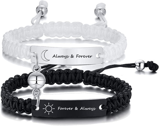 Personalized ID Couple Bracelets Custom Engraving Handmade Braided Rope Wrist Bangle for Men Women Friendship, Adjustable,Customized