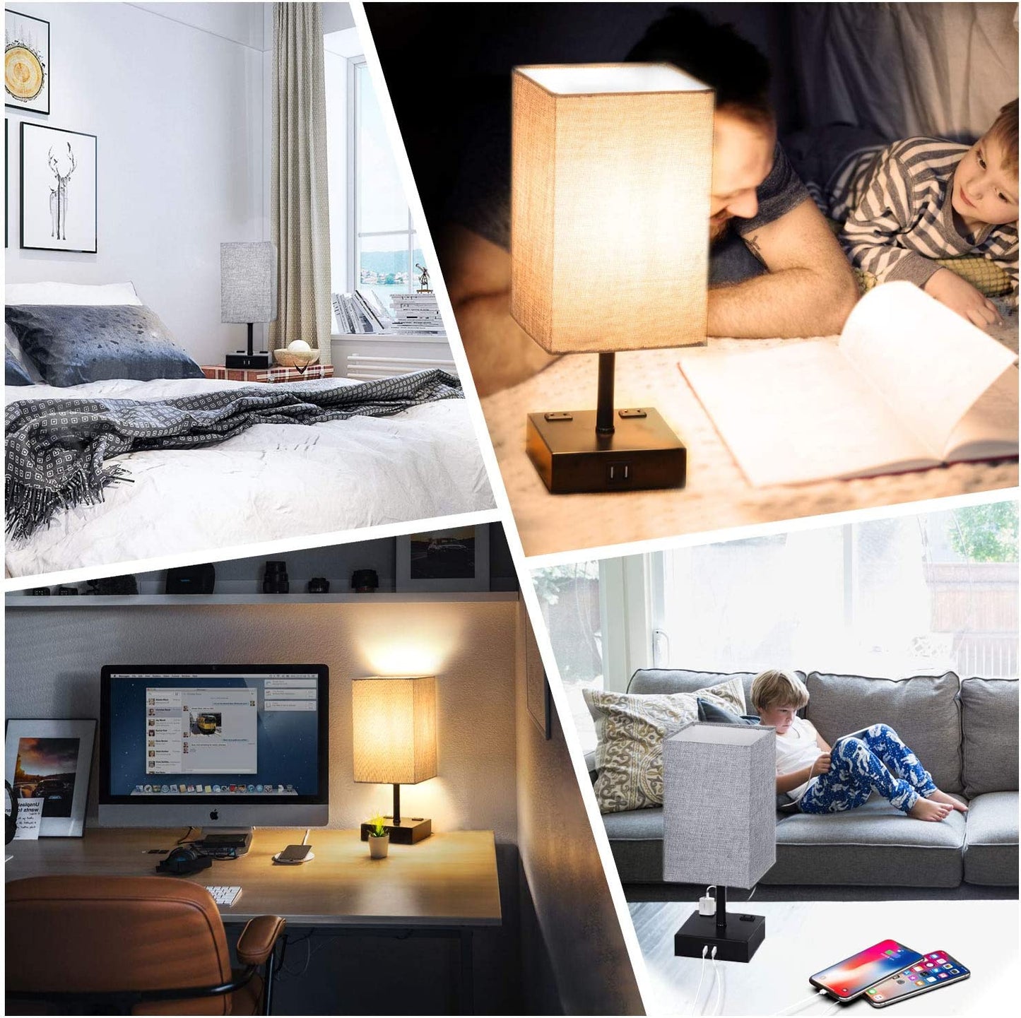 Touch Control Table Lamp, 3 Way Dimmable Bedside Desk Lamps with 2 USB Charging Ports 2 AC Outlets,Grey Fabric Shade Modern Nightlight for Bedroom, ST64 LED Bulbs Included,Set of 2