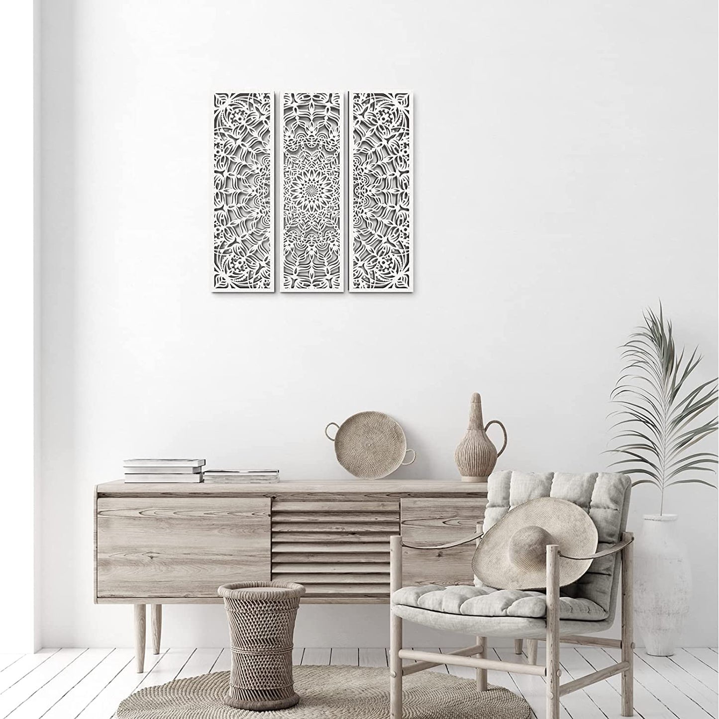 Set of 3 Lightweight Mandala Wall Art White Carved Wood Hanging Wall Decor Modern Cutout Wooden Plaque Floral Aesthetic Wood Decor with Hook for Home Bedroom Kitchen Cafe Office, 15.75 X 5.12 Inch