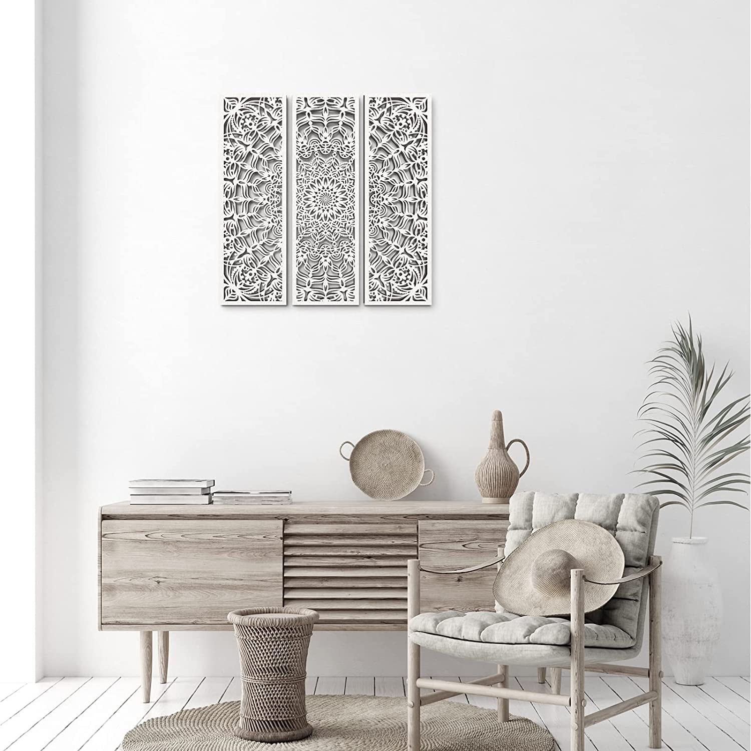 Set of 3 Lightweight Mandala Wall Art White Carved Wood Hanging Wall Decor Modern Cutout Wooden Plaque Floral Aesthetic Wood Decor with Hook for Home Bedroom Kitchen Cafe Office, 15.75 X 5.12 Inch
