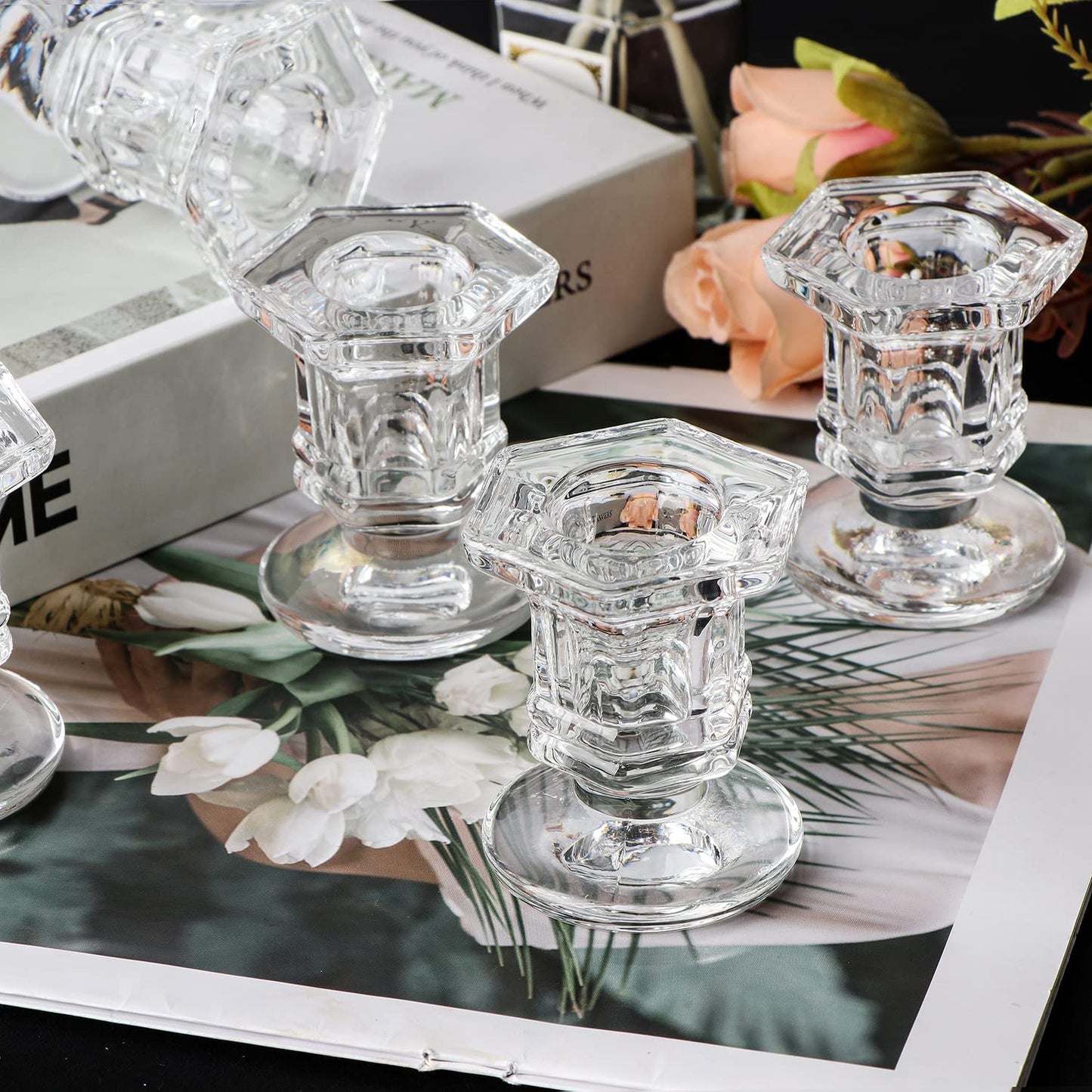 Candlestick Holders Bulk, 12 Pcs Glass Candle Holders Set Clear, Crystal Taper Candle Holders for Wedding, Table Centerpiece, Home Decoration(Exclude Candles)
