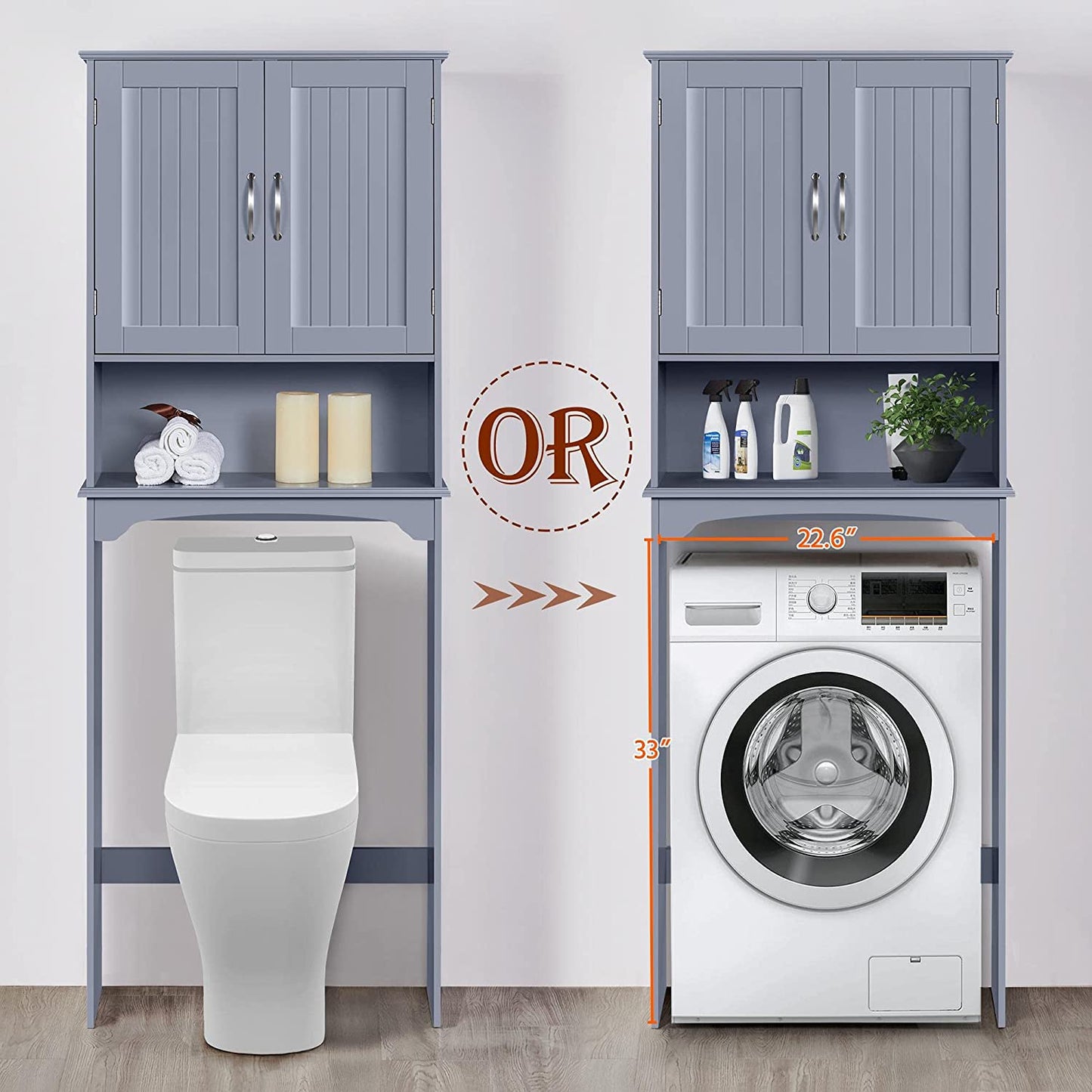 over the Toilet Bathroom Cabinet with 2 Doors & Adjustable Shelf, Free Standing Toilet Rack Space-Saving, L24.5Xw9Xh66 Inches, Grey