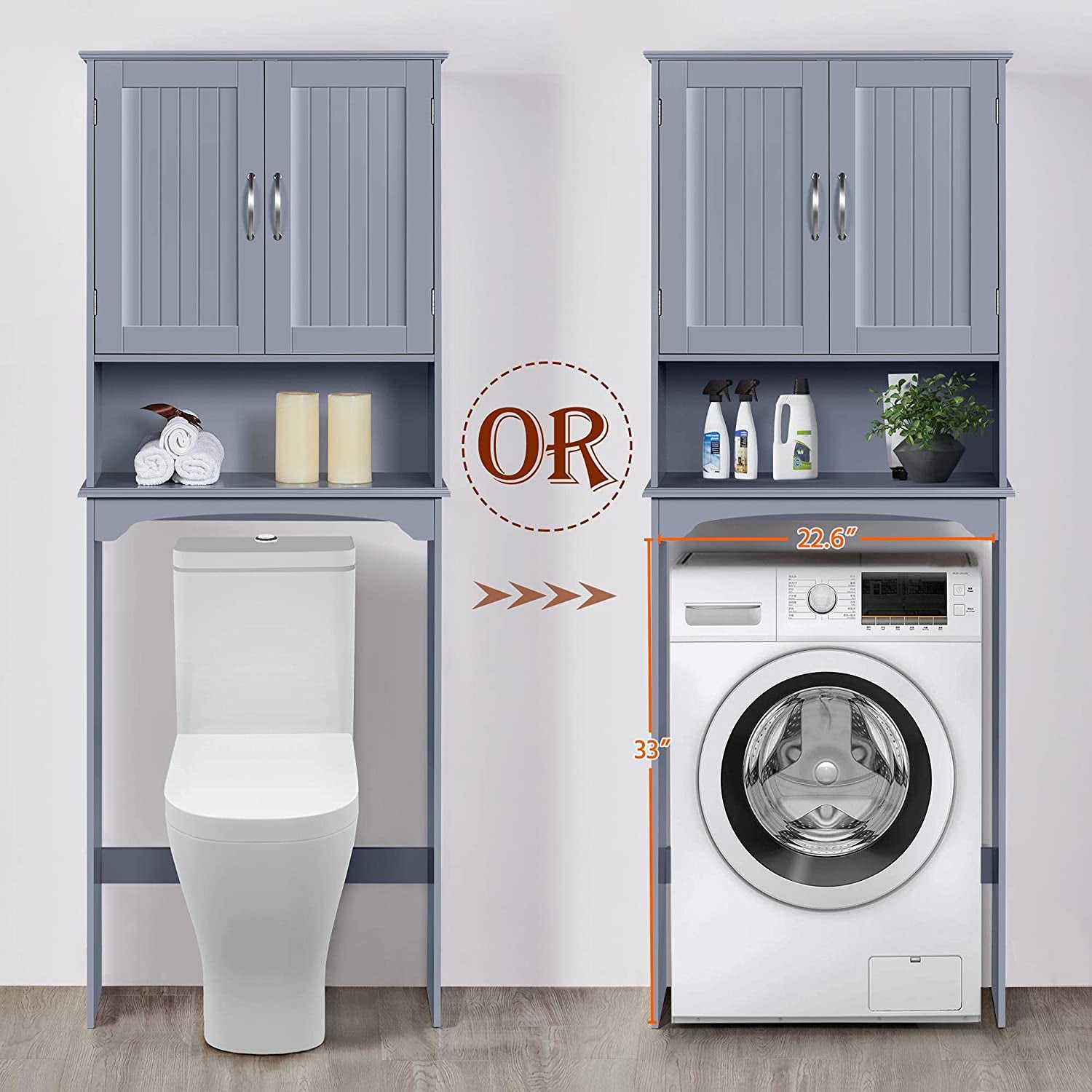 over the Toilet Bathroom Cabinet with 2 Doors & Adjustable Shelf, Free Standing Toilet Rack Space-Saving, L24.5Xw9Xh66 Inches, Grey