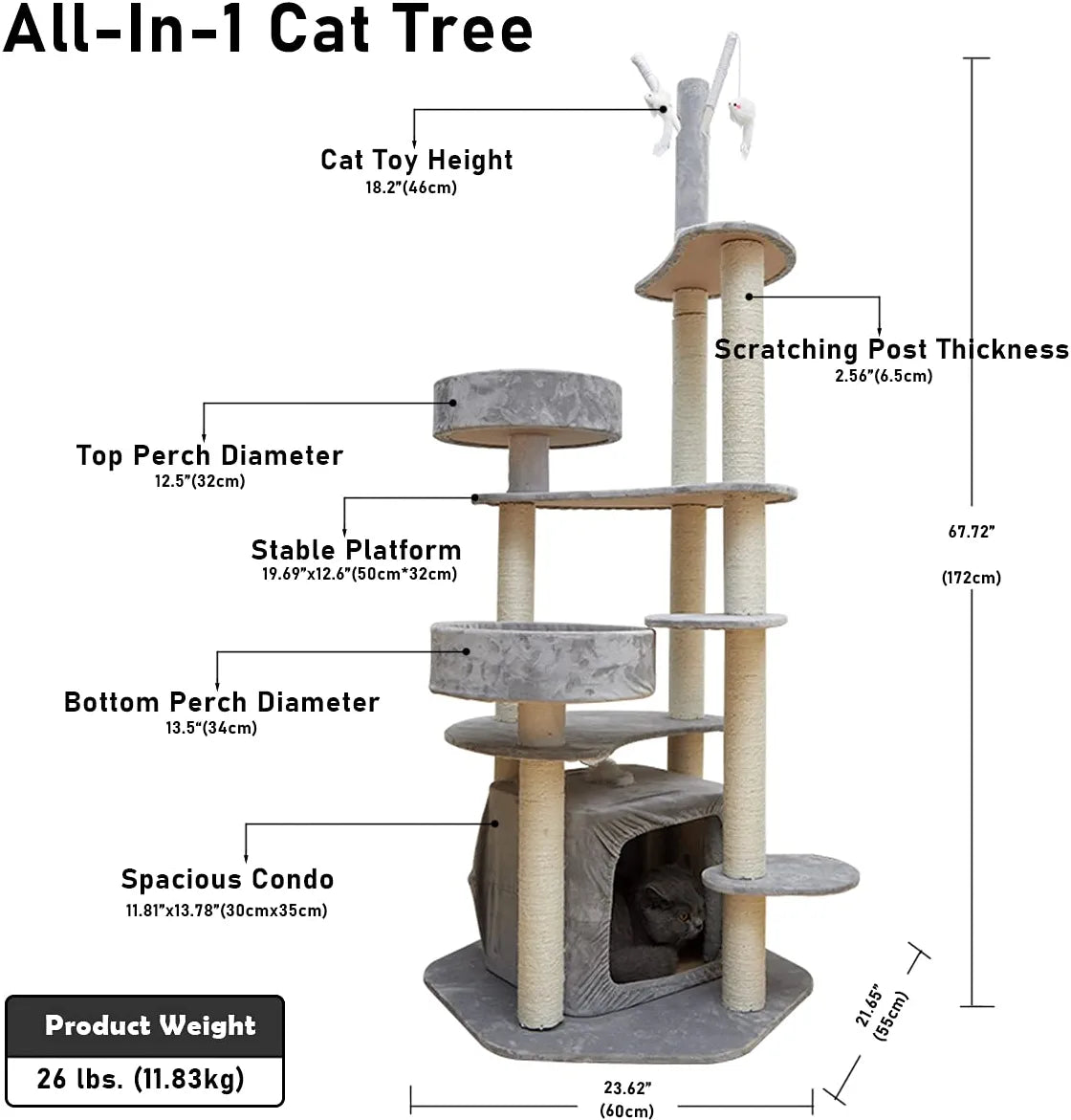 Cat Tree Cat Tower for Indoor Cats, 68" Tall Cat Tree House with Scratching Posts, Perch, Toys, Cat Activity Tree for Large Cats/Kittens, Cat Climbing Tower for Cat Play Rest