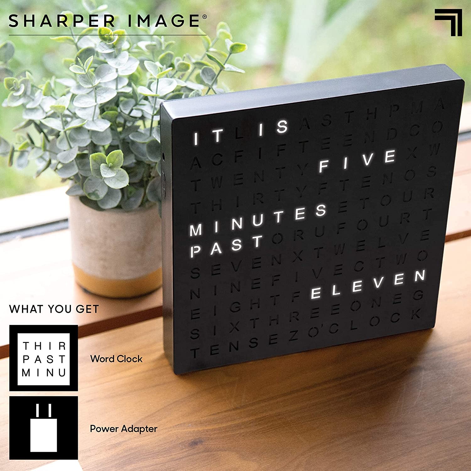 SHARPER IMAGE Light up Electronic Plug-In Word Clock, Black Finish with LED Light Display, USB Cord and Power Adapter, Unique Contemporary Home and Office Décor, Accent Desk Clock