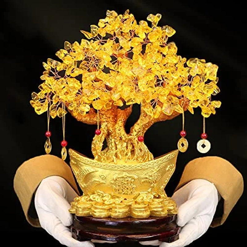Feng Shui Citrine/Yellow Crytal Money Tree with Chinese Dragon Pots