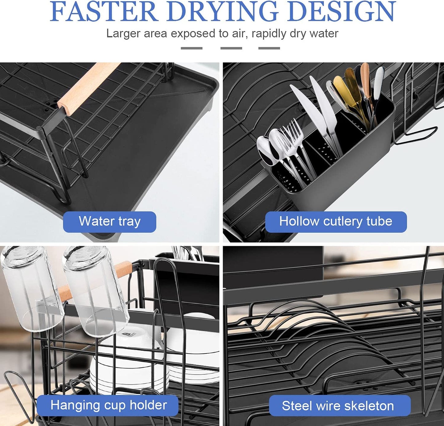 Dish Drying Rack, Dish Rack for Kitchen Counter, Rust-Proof Dish Drainer with Drying Board and Utensil Holder for Kitchen Counter Cabinet, 16.6” L× 12.6”W× 7.8”H, Black