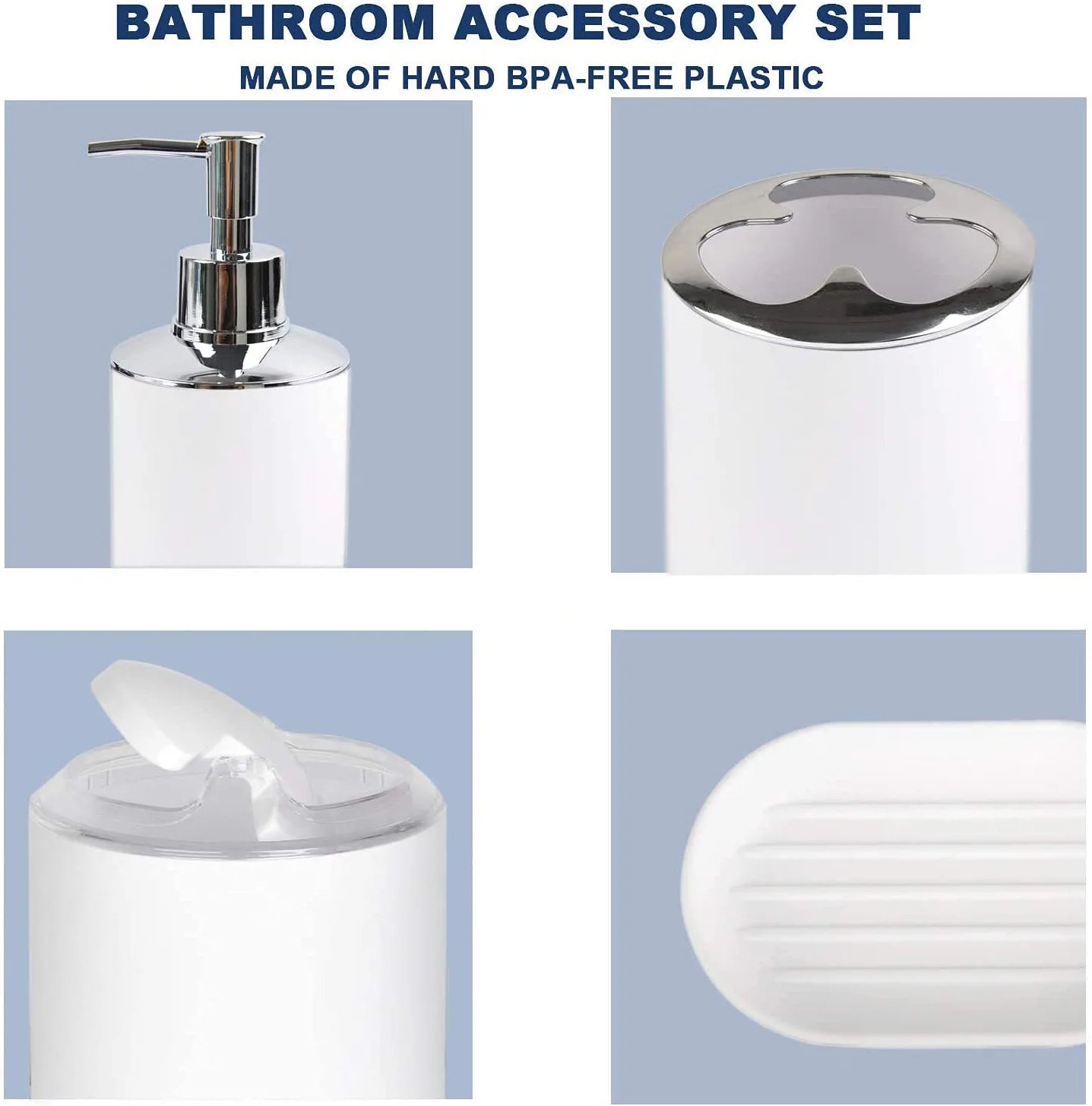 Bathroom Accessories Set Bath Ensemble Includes Soap Dispenser, Toothbrush Holder, Tumbler, Soap Dish for Decorative Countertop and Housewarming Gift ,Snow White