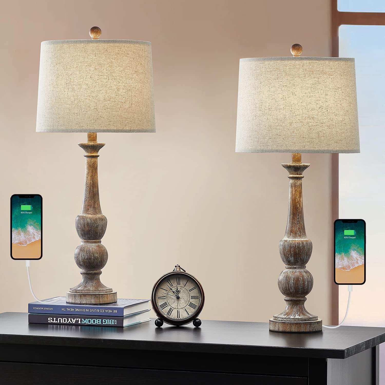 Table Lamp for Living Set of 2 USB Antique Retro 27.75“ Nightstand USB Lamp for Bedroom Rustic Table Lamp Vintage Style Bedside Traditional Table Lamp Brown