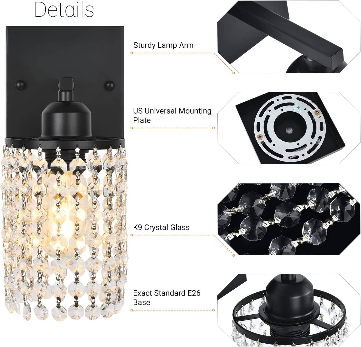 1 Light Bathroom Vanity Lights Fixtures over Mirror - Modern Wall Sconce Lighting Interior K9 Crystal Drop Wall Mount Lamp Matte Black for Kitchen Bedroom Entryway Hallway Living Room