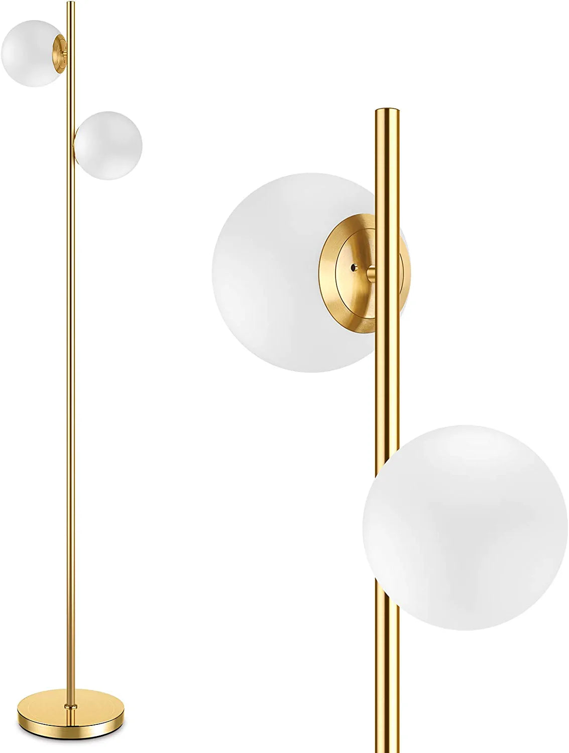 Mid Century Modern 2 Frosted Glass Globe Floor Lamp for Living Room,Contemporary LED Standing Light, Gold Corner Pole Lamp for Office Bedroom, Study Room, Hotel, Antique Brass Standing Lighting