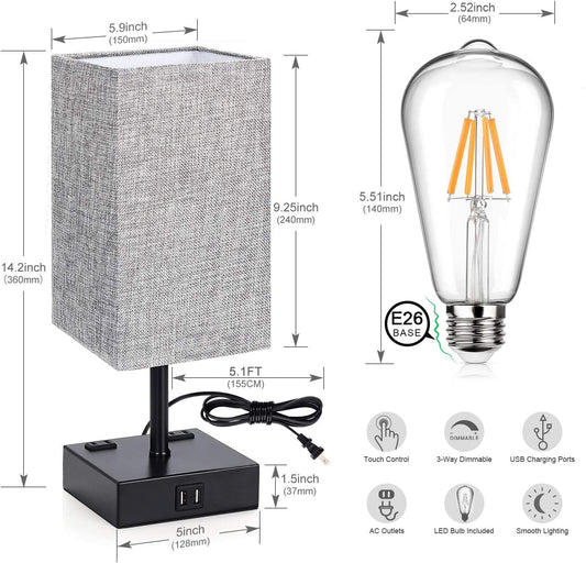 Touch Control Table Lamp, 3 Way Dimmable Bedside Desk Lamps with 2 USB Charging Ports 2 AC Outlets,Grey Fabric Shade Modern Nightlight for Bedroom, ST64 LED Bulbs Included,Set of 2