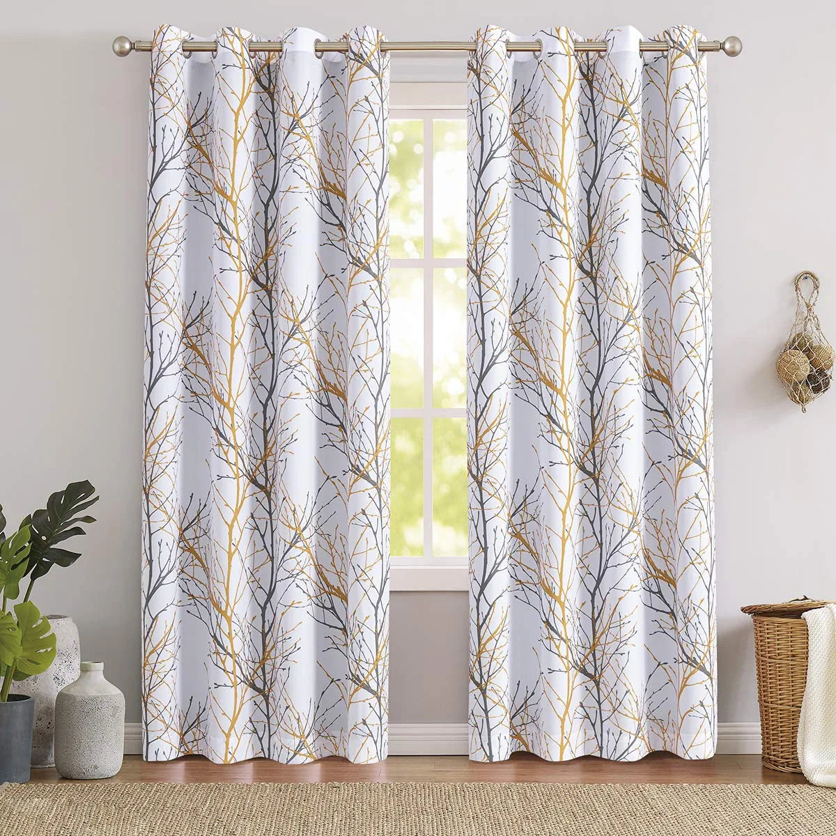 White Tree Curtains for Bedroom 84Inch Half-Blackout Yellow Grey Print Branch Curtains for Living Room Window Treatment Set 50”W Grommet Top Set of 2