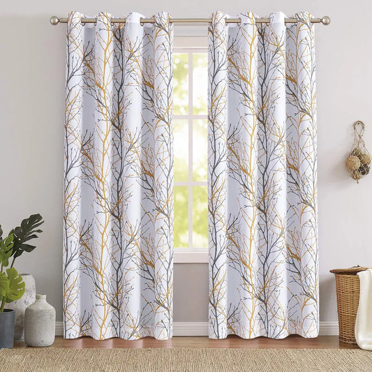 White Tree Curtains for Bedroom 84Inch Half-Blackout Yellow Grey Print Branch Curtains for Living Room Window Treatment Set 50”W Grommet Top Set of 2