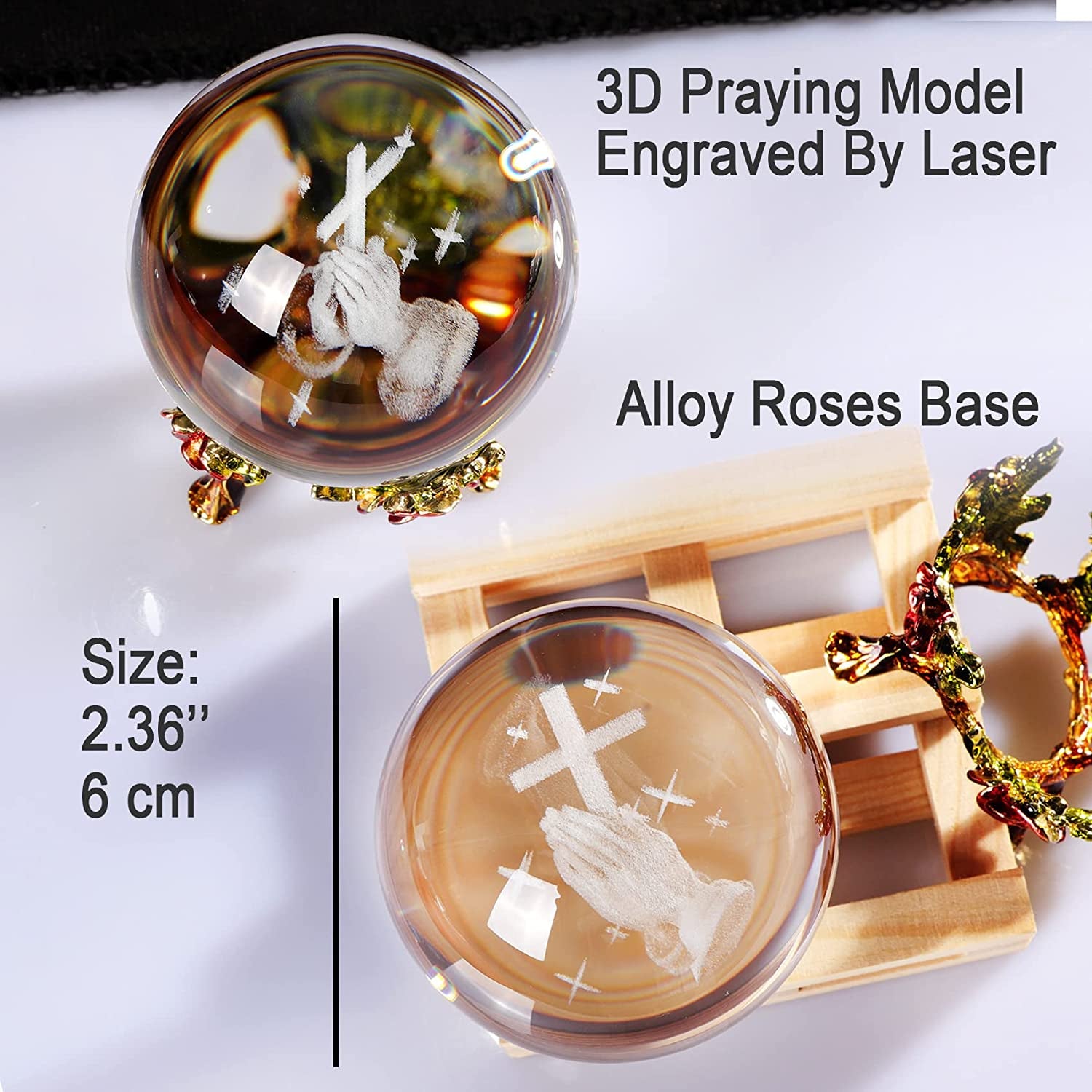 60MM Crystal Ball Engraved 3D Hand Holding a Cross Figurine with Rose Stand Praying Religious Gifts for Women, Christian Gifts for Friend Glass Paperweight Home Decorations (2.36 In.)