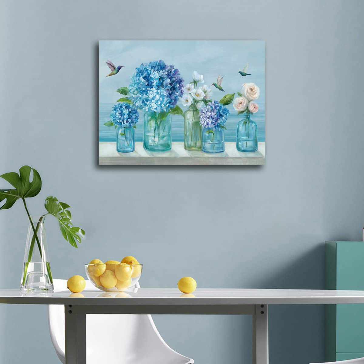 Flowers Canvas Wall Art White Floral Canvas Pictures Rose Hydrangea in Jar Wall Decor Bird Print Blue Painting Contemporary Artwork Living Room Bedroom Kitchen Home Decor 12"X 16"