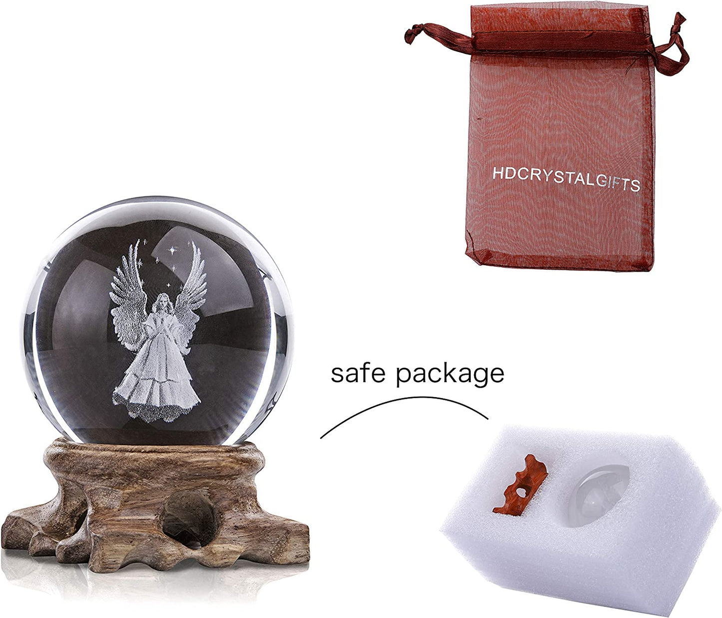 3D Angel Figurines Full Sphere Crystal Ball Laser Engraved Paperweight Home Art Decor Crafts(Clear)