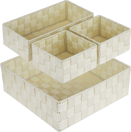 Woven Storage Baskets for Organizing, Posprica Small Black Baskets Cube Bin Container Tote Organizer Divider for Drawer, Closet, Shelf, Dresser, Set of 4(Beige)
