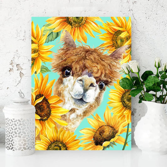 Alpaca Portrait Wall Art Funny Country Animal Canvas Printing Llama Picture Rural Animal Sunflowers Wall Painting Adorable Artwork for Living Room Kids Room Bedroom Nursery Decor Poster 12X16Inch