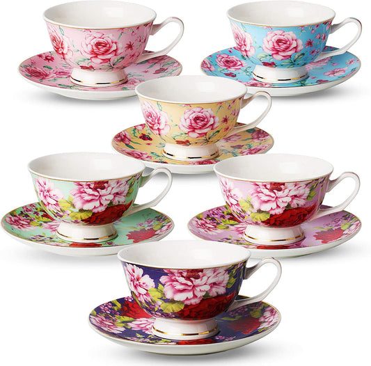 Btat- Tea Cups, Tea Cups and Saucers Set of 6, Tea Set, Floral Tea Cups (8Oz), Tea Cups and Saucers Set, Tea Set, Porcelain Tea Cups, Tea Cups for Tea Party, Rose Teacups, Christmas Gift