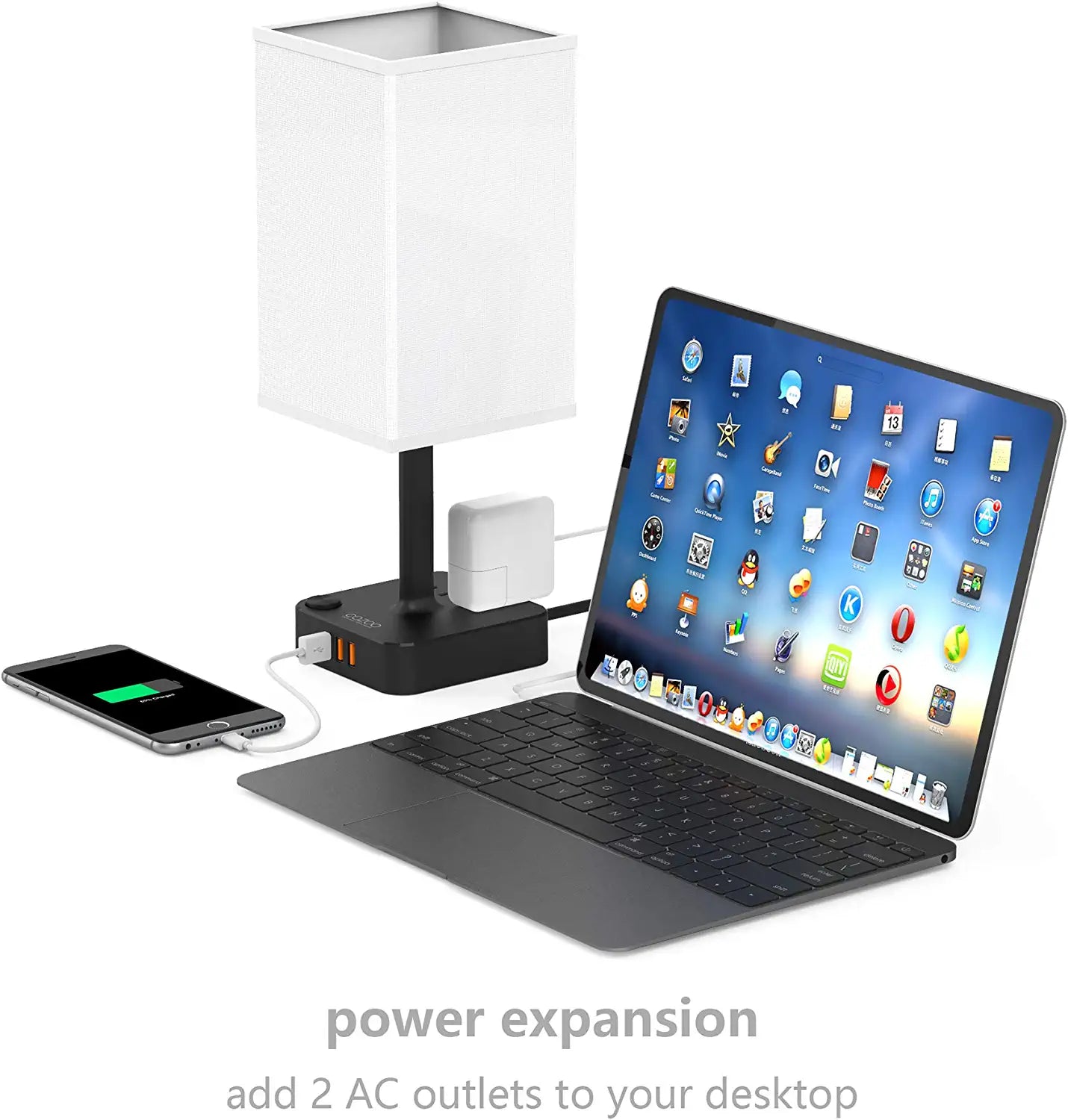 USB Bedside Table & Desk Lamp with 3 USB Charging Ports and 2 Outlets Power Strip,Black Charger Base with White Fabric Shade, LED Light for Bedroom/Nightstand/Living Room