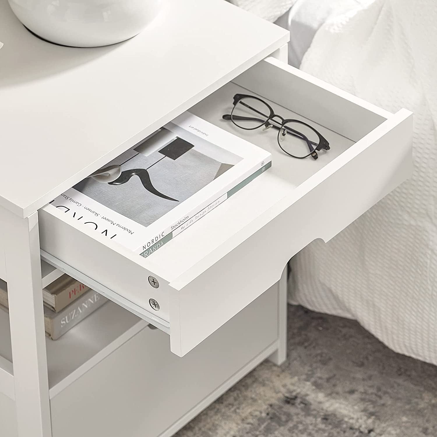 FRG258-W, White Nightstand with 2 Drawers, Bedside Table, End Table, Side Table, Lamp Table