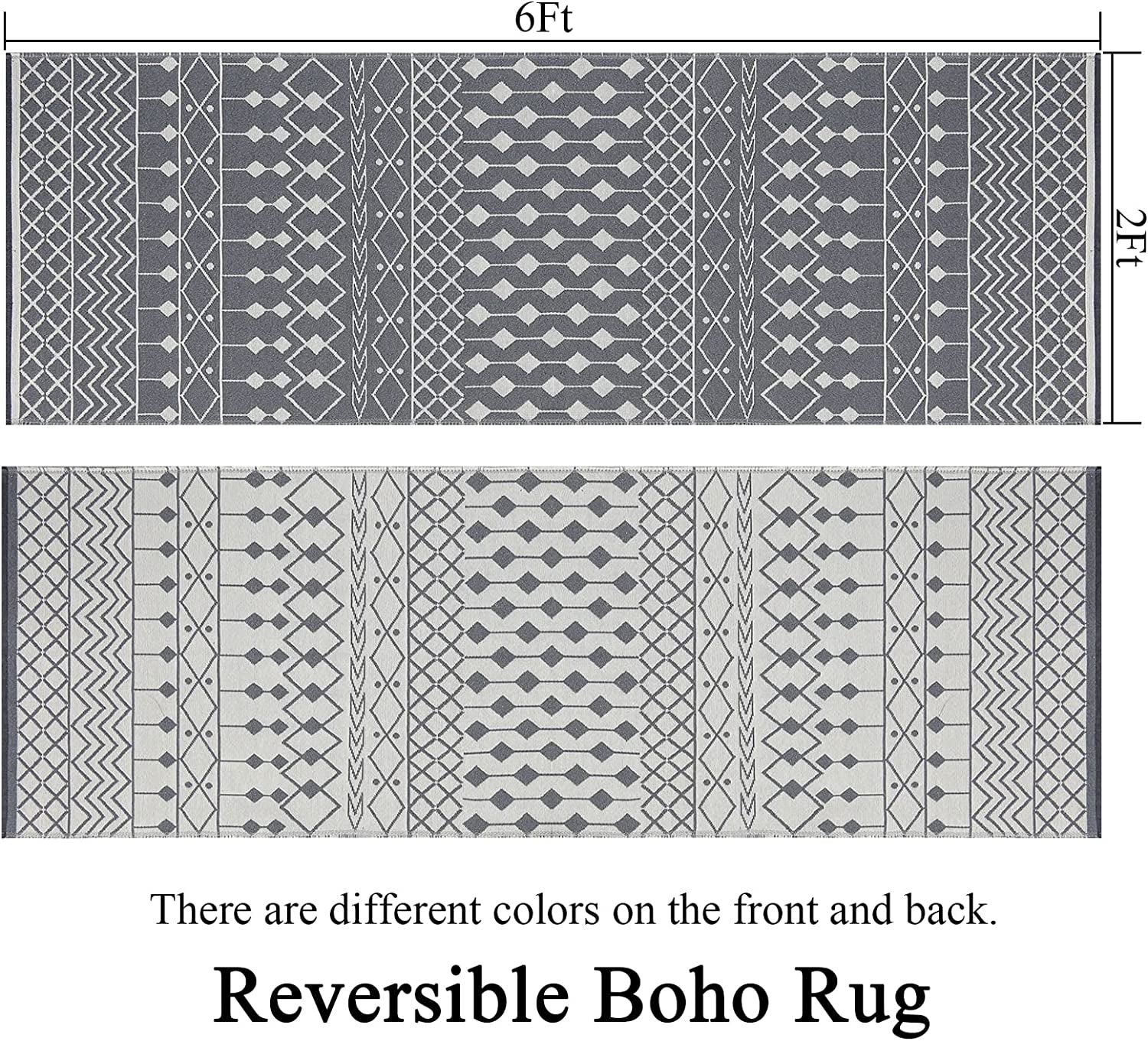 Extra Long Boho Runner Rug 2' X 6', Reversible Cotton Moroccan Throw Rug Bathroom Runner, Washable Hand Woven Hallway Runner Rug, Farmhouse Runner for Entryway, Bedroom and Kitchen, Grey