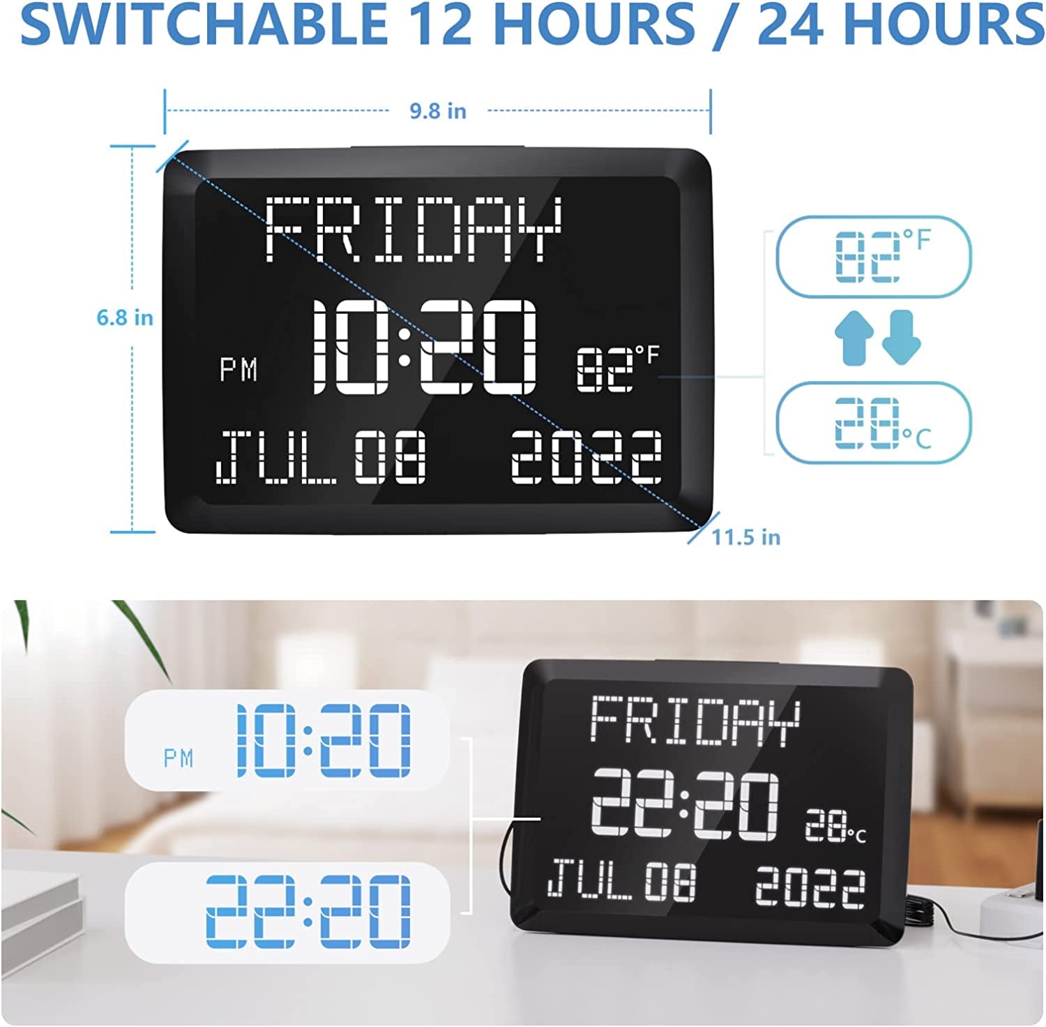 Digital Clock, 11.5" Large LED Word Display Dimmable Digital Wall Clock,Adjustable Brightness Digital Alarm Clock with Day and Date,Indoor Temperature,Snooze,12/24H,Dst for Home, Office,Elderly