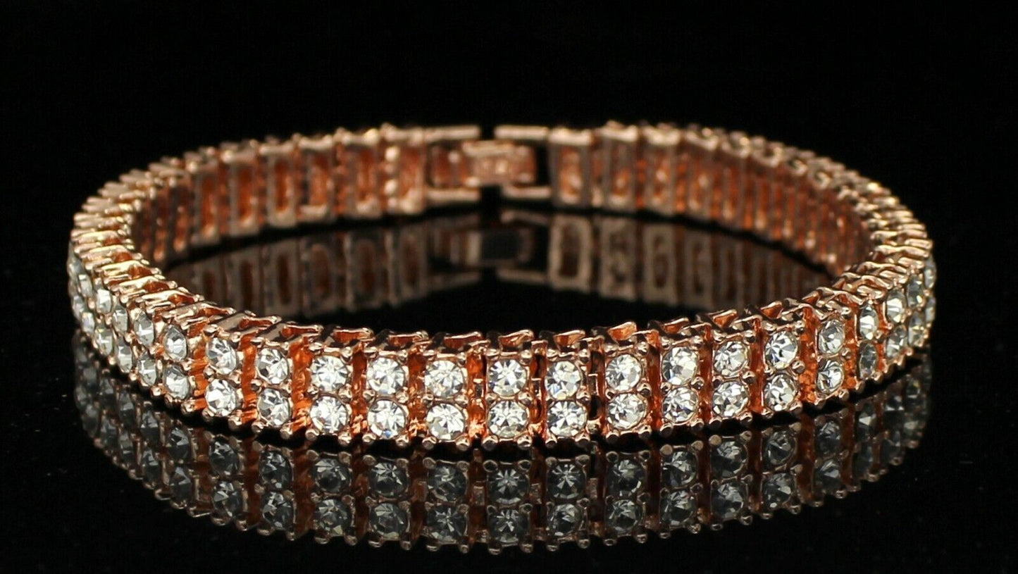Mens Womens 2 Row Cz Tennis Bracelet 14K Gold Plated 8 Inch