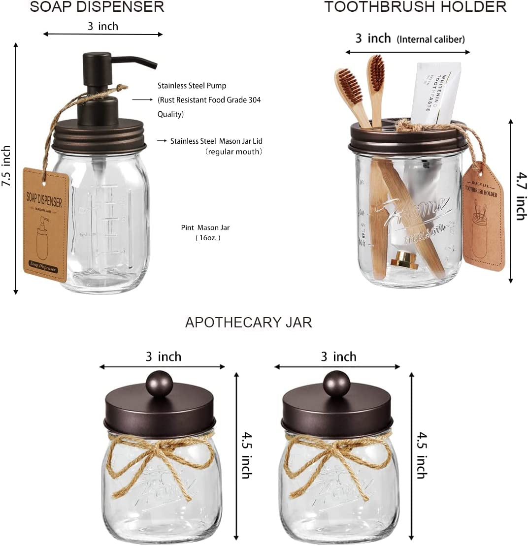 Premium Mason Jar Bathroom Accessories Set (6PCS) - Lotion Soap Dispenser,Toothbrush Holder,2 Apothecary Jars(Qtip Holder),Soap Dish,Metal Wire Storage Organizer Basket-Rustic Farmhouse Decor (Bronze)