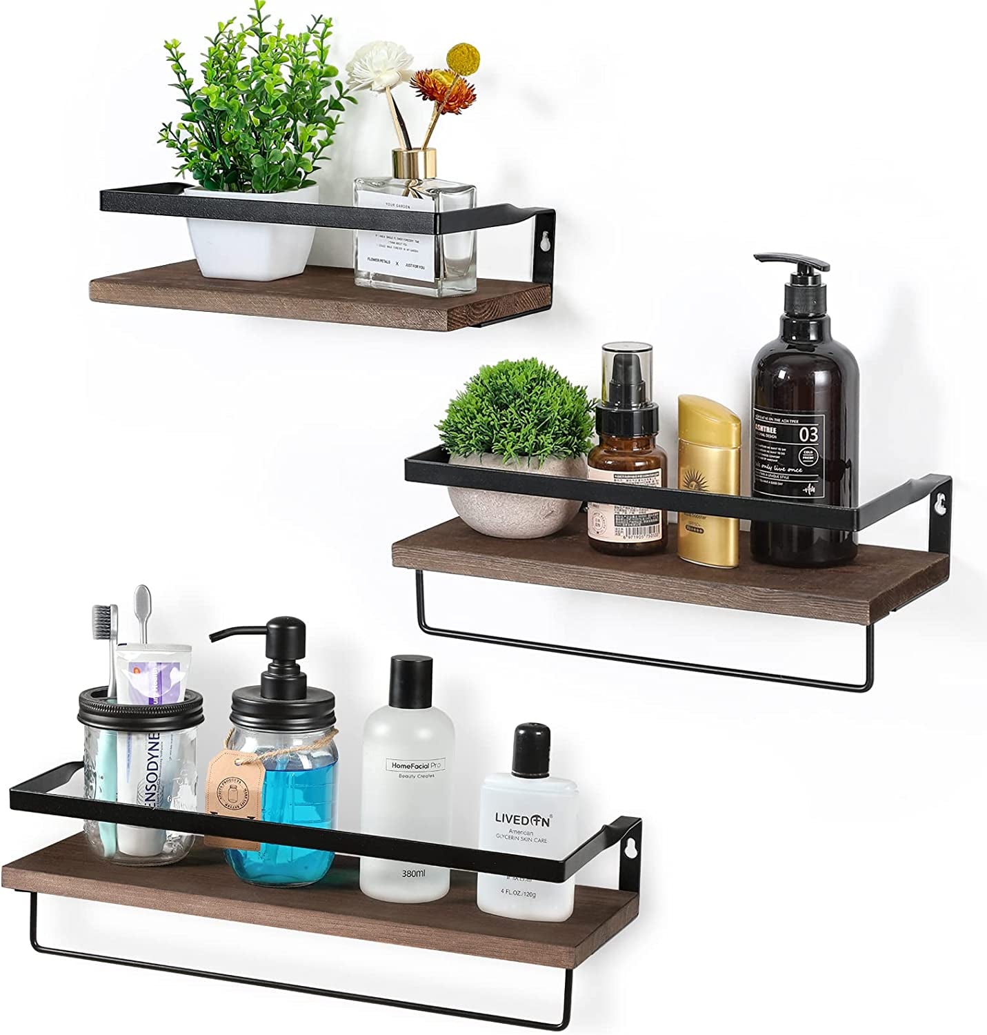 3 Set Pre-Assembled Floating Bathroom Shelves with 2 Towel Bars, Wall Mounted Storage Wood Shelf, Rustic Decor Accessories for Bathroom, Kitchen, Bedroom, Office, over Toilet - Brown