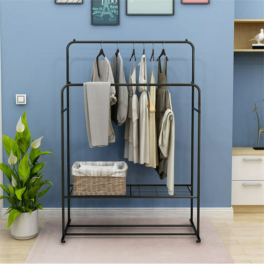 Garment Rack Freestanding Hanger Double Pole Multi-functional Bedroom Clothing Rack,Metal Clothing Garment Rack with Shelves,Black