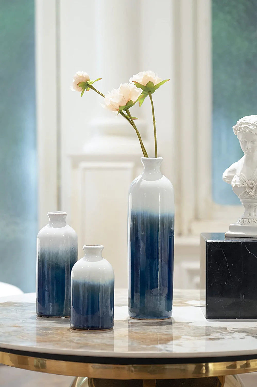 Modern Ceramic Vase for Home Decor, Set of 3 Glazed Blue and White Decorative Vases for Pampas Grass, Stoneware Vases for Mantel,Table, Shelf, Living Room Decoration, 11.8 Inch