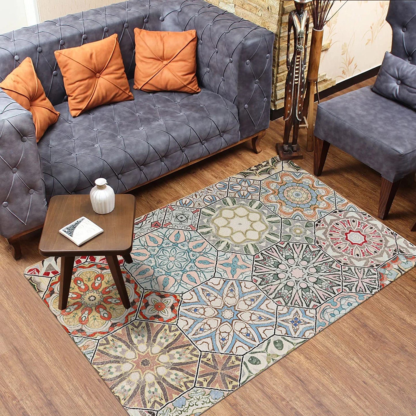Collection Traditional Rectangle Throw Rugs 3' X 5' Faux Wool Area Rug Non-Slip Backing Soft Distressed Modern Floor Carpet Floral Medallion Living Room Rug for Sofa Dining Room Bedroom