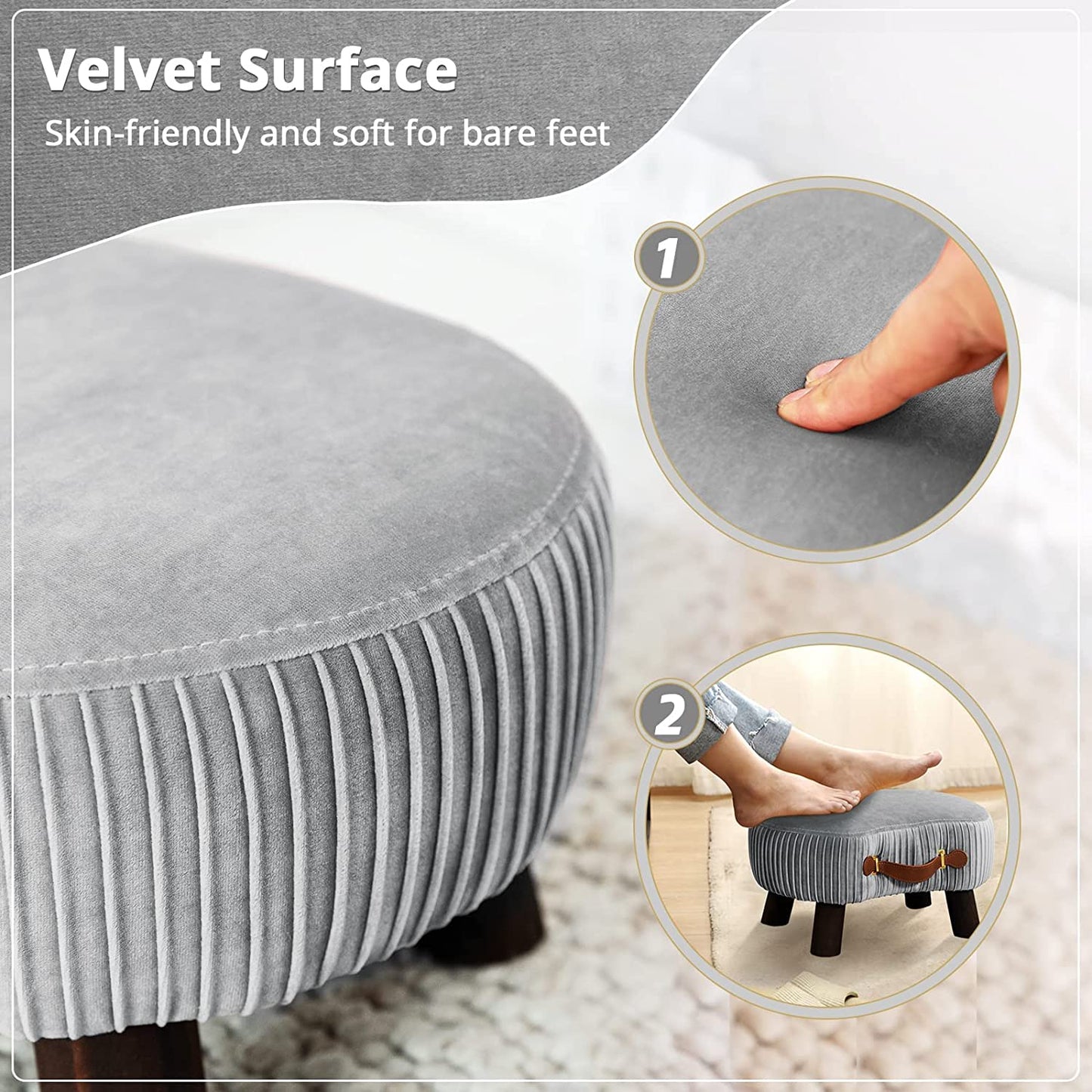 Small Curved Foot Stool with Handle, Gray Velvet Footstool and Ottomans, Modern Foot Rest with Wooden Legs, Step Stool with Padded Seat for Couch, Living Room