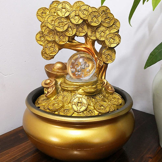 Gold Tree Desktop Fountain Waterfall Decoration with LED Light Portable Tabletop Decorative Zen Meditation Waterfall for Office Living Room Craft Gift
