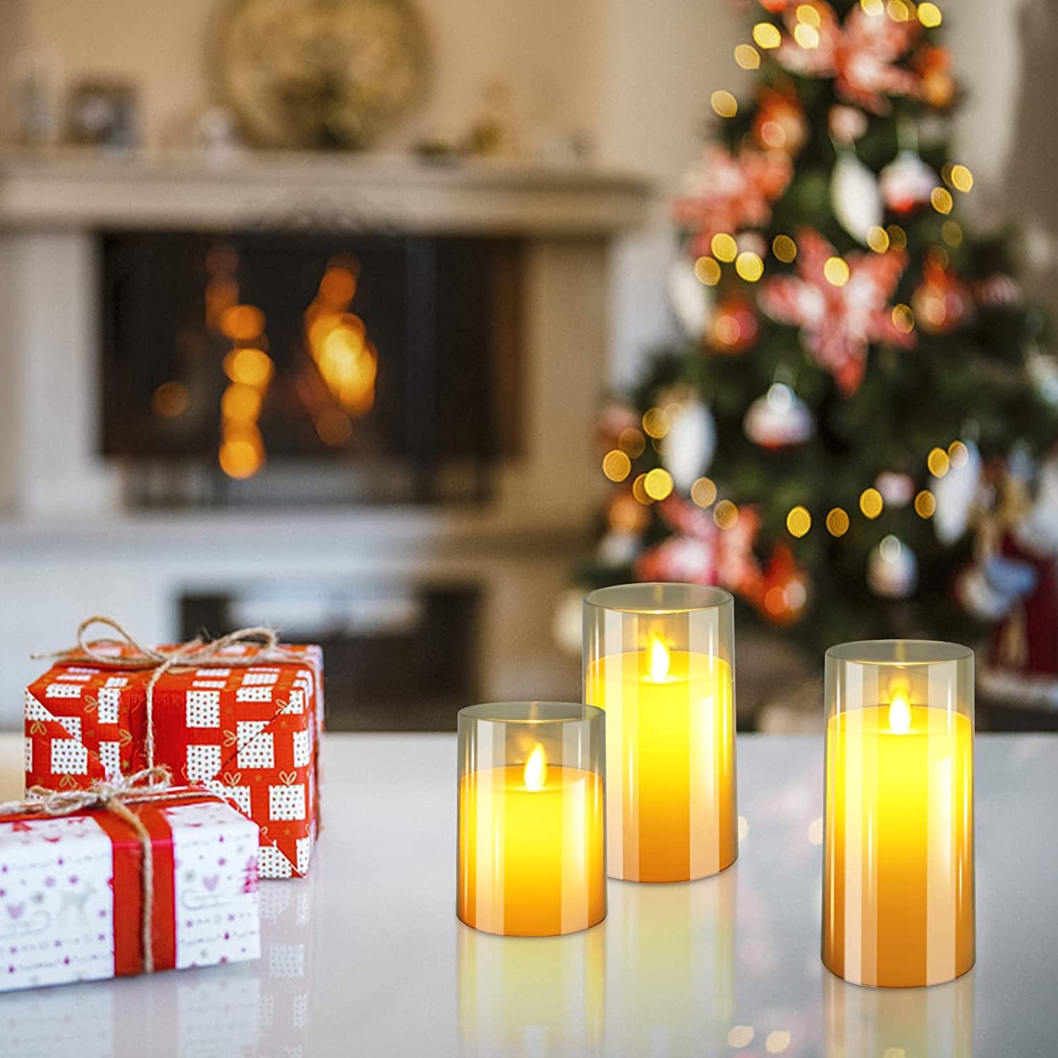 Flameless Candles Flickering with Remote, Battery Operated Candles Pack of 3 with Timer, Plexiglass LED Candles for Home Table Decor(D: 3" X H: 4" 5" 6") (Dark Brown)