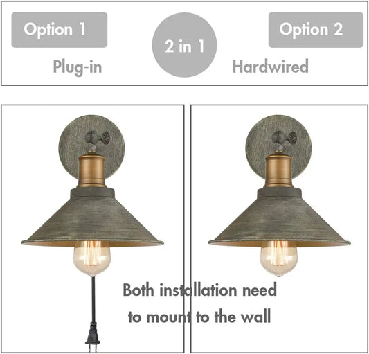 JEENKAE Vintage Swing Arm Wall Sconces Hardwired or Plug-In Bedroom Bath Wall Lamps Set of 2