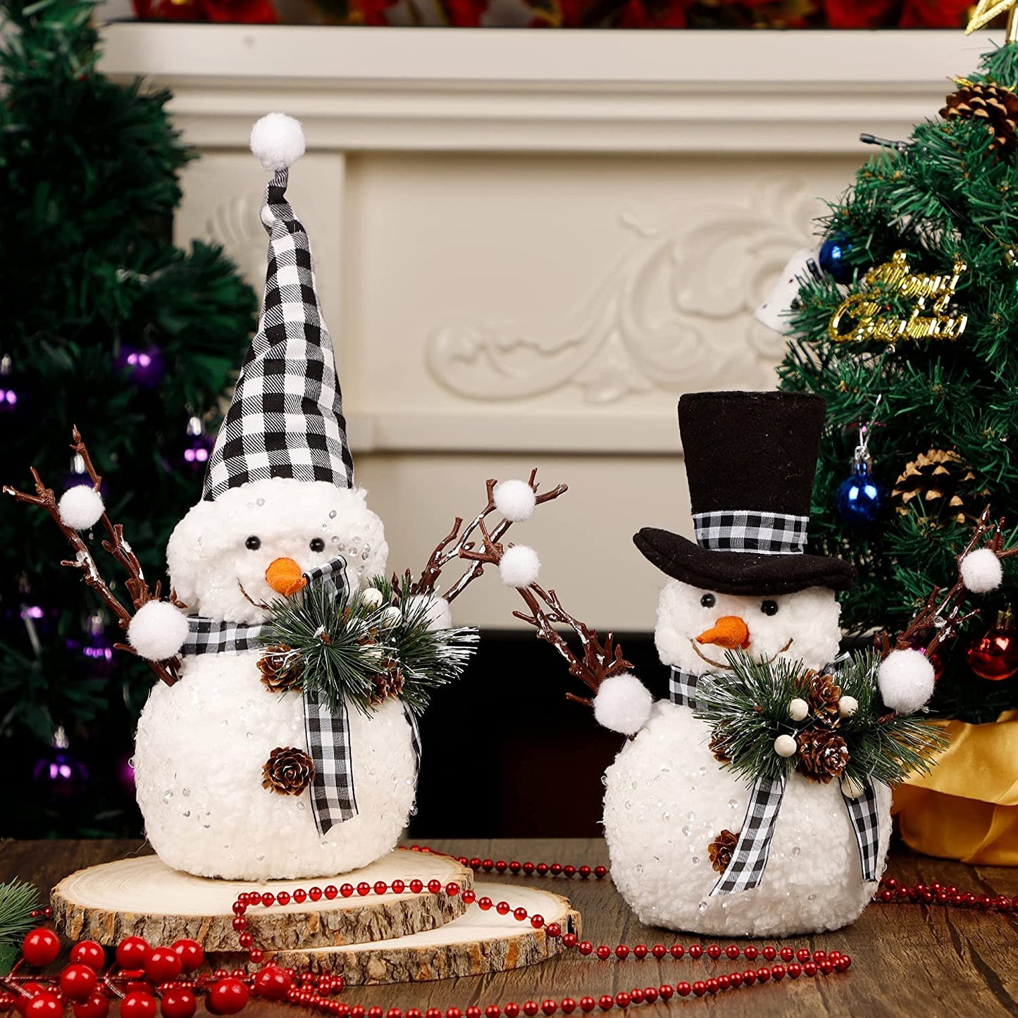 Christmas Table Decorations, Set of 2 Snowman with Pine Cone Twigs, Winter Tabletop Decor for Indoor Home Kitchen Fireplace Office Room Xmas Gifts Holiday Party