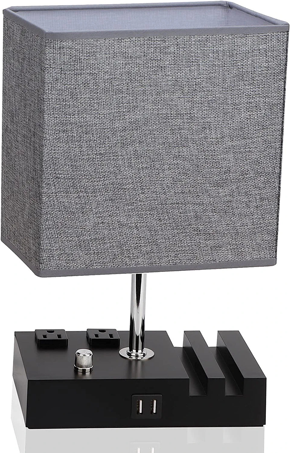 Fully Dimmable Table Lamp for Bedroom Living Room Dual USB Port -  Bedside Desk Lamp for Nightstand with Charging Station 2 Power Outlets, Grey Fabric Lampshade LED Bulb Included (Black/Grey)