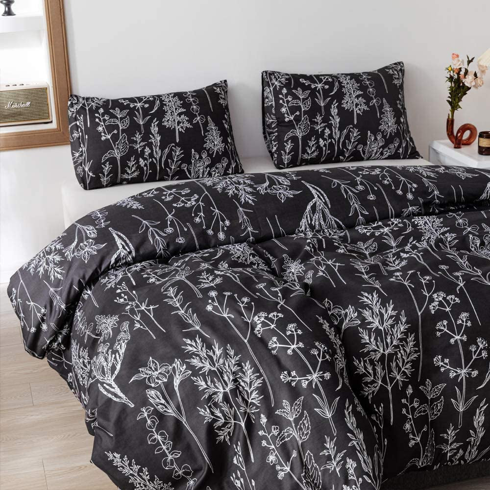 3 Pieces Queen Duvet Cover, Black Duvet Cover with White Plant Floral Duvet Cover Microfiber Soft Queen Bedding Set with Zipper Closure & 2 Pillow Cases