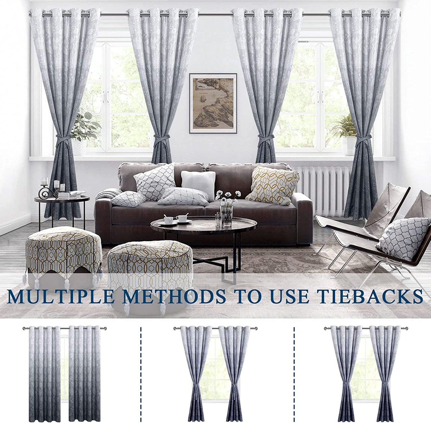 Grey Ombre Blackout Curtains with Tiebacks for Bedroom - Floral Patterned Noise Reducing Thermal Insulated Room Darkening Curtains for Living Room, 52 X 84 Inches, 2 Window Curtain Panels