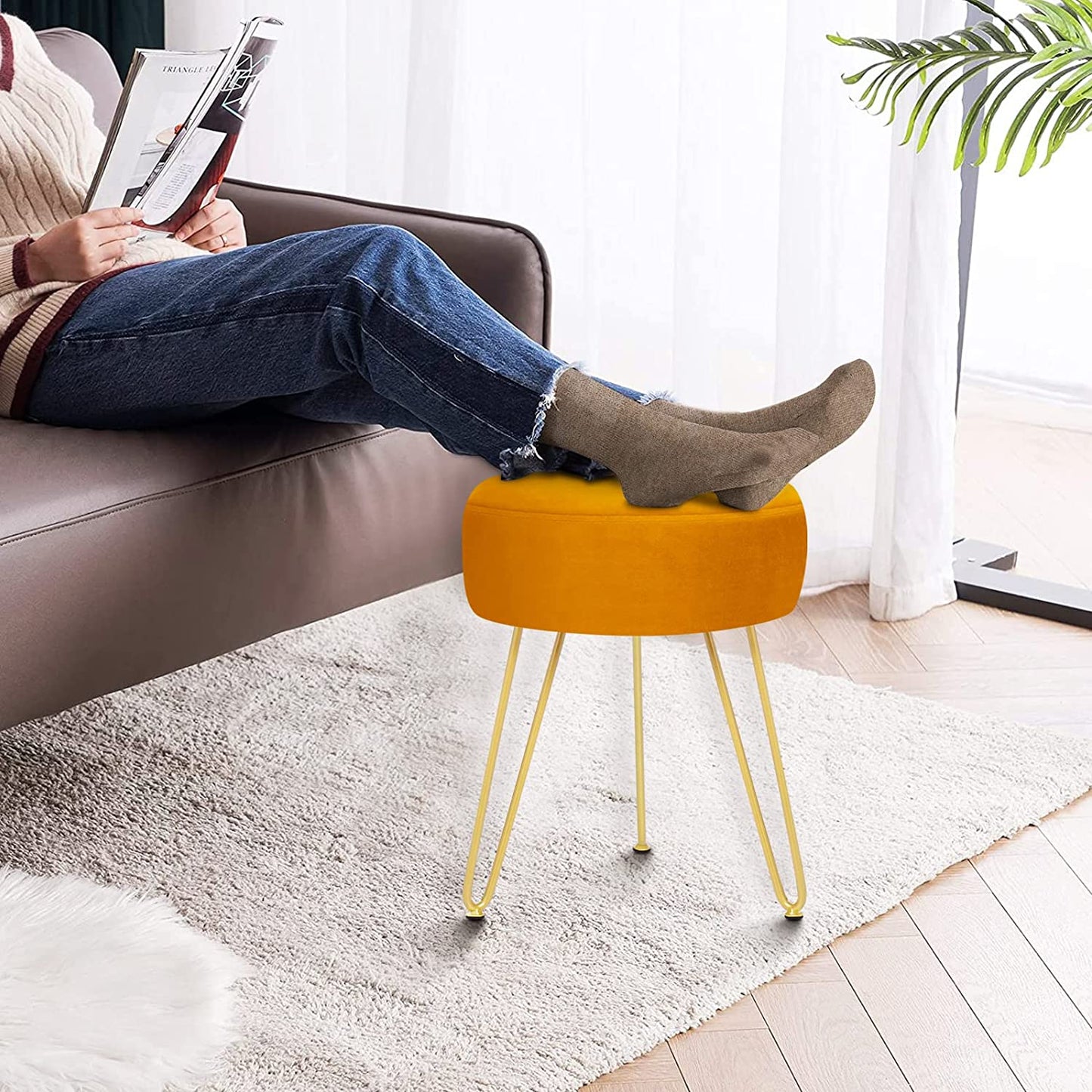 Multifunctional Vanity Stools - Velvet round Ottoman Modern Dressing Stool -Upholstered Footrest Stool - Side Table Footstool with Golden Metal Leg for Living Room, Bedroom(Pumpkin Orange)