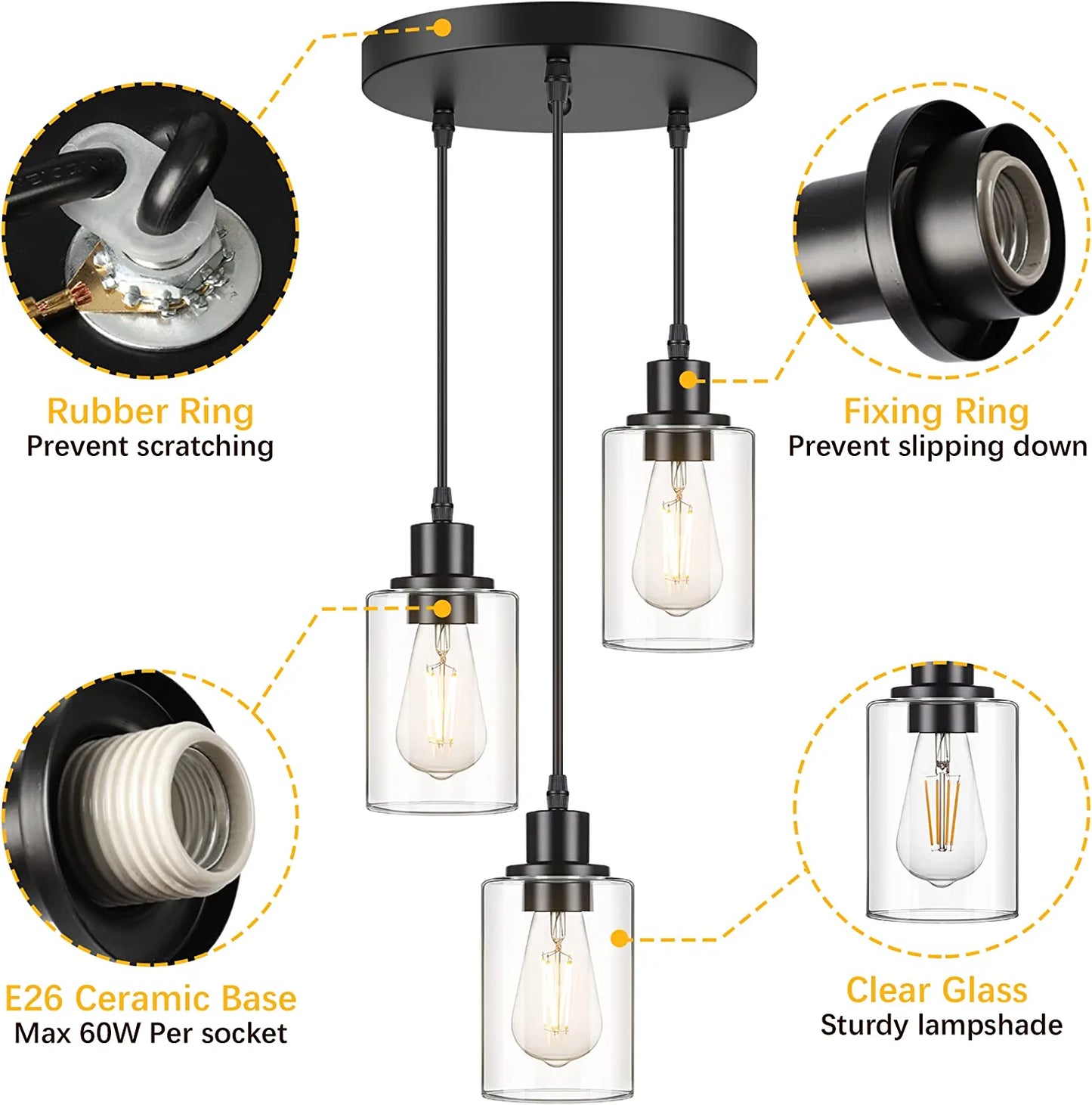 Industrial 3-Light Pendant Light, Adjustable Hanging Light Fixture with Clear Glass Shade, Mini Pendant Lighting, Vintage Farmhouse Ceiling Lamp for Kitchen Dining Room E26 Base, Black