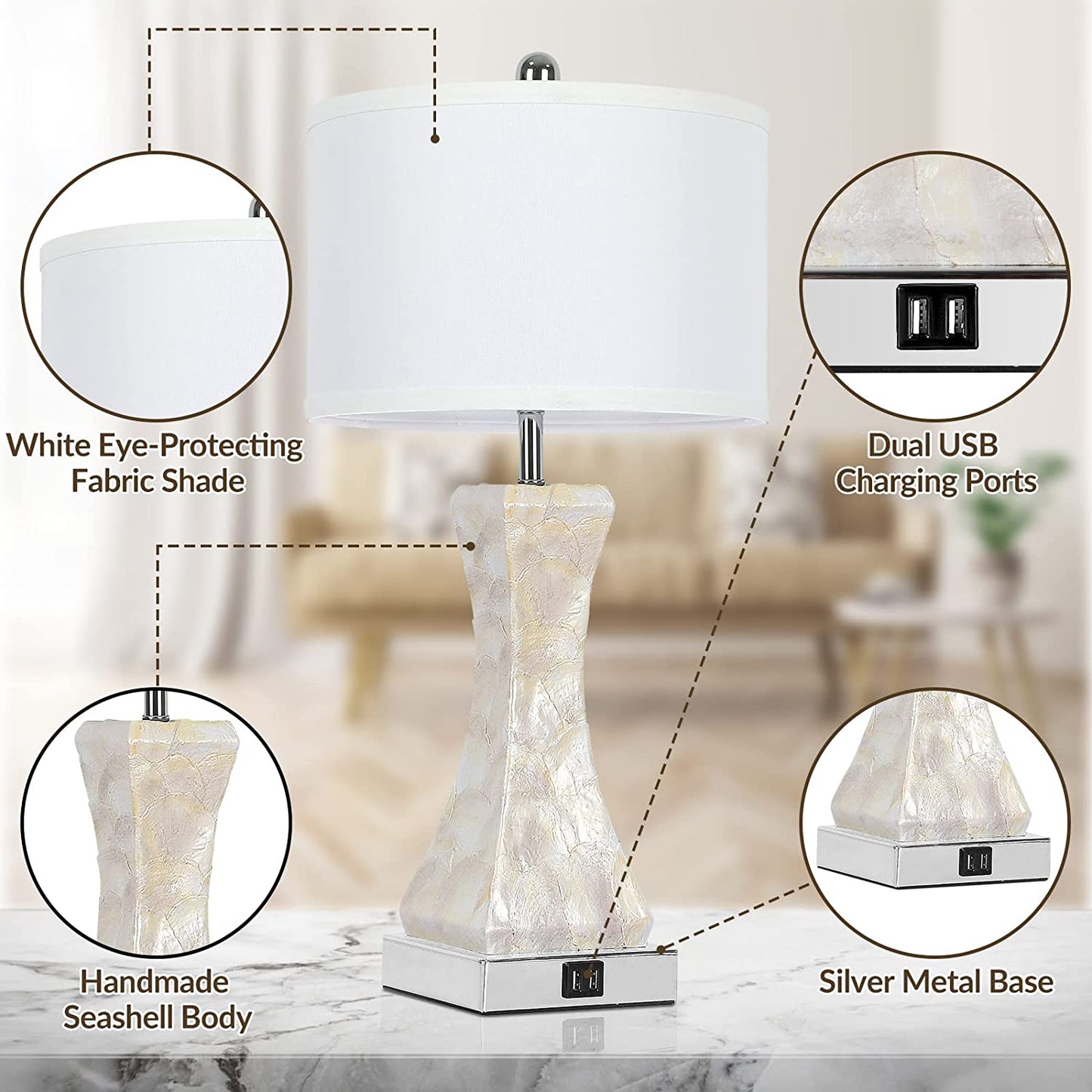 Set of 2 Touch Control Table Lamps with 2 USB Ports, Tall Bedside Nightstand Lamp for Bedrooms Living Room Reading Table, 3-Way Dimmable Coastal End Table Lamps, 2700K Warm White LED Bulb Included