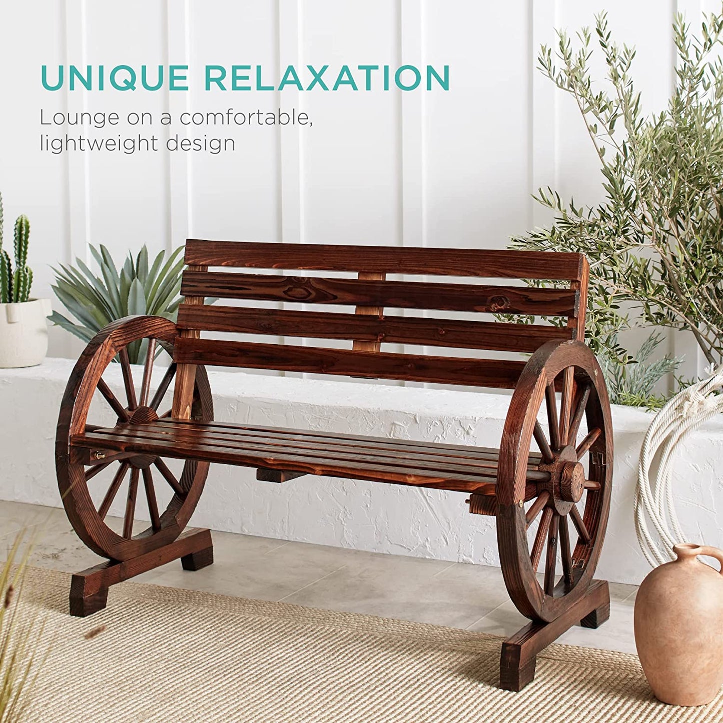 2-Person Wooden Wagon Wheel Bench for Backyard, Patio, Porch, Garden, Outdoor Lounge Furniture W/Rustic Country Design, Slatted Seat and Backrest - Brown