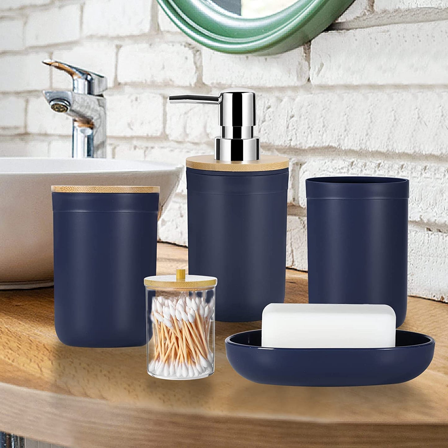 8Pcs Navy Blue Bathroom Accessories Set - with Trash Can Toothbrush Holder Soap Dispenser Soap and Lotion Set Tumbler Cup…